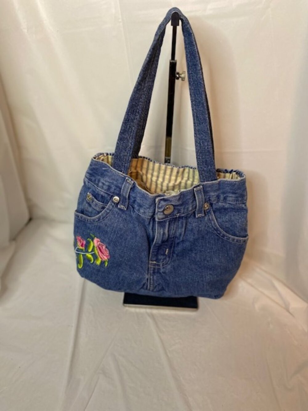 Handmade Upcycled Denim Shoulder Bag with Embroidered Rose and Striped Lining